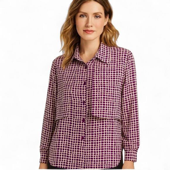 Vintage Artsy Blouse 10 Purple Geometric Print Retro Top - Picture 7 of 16